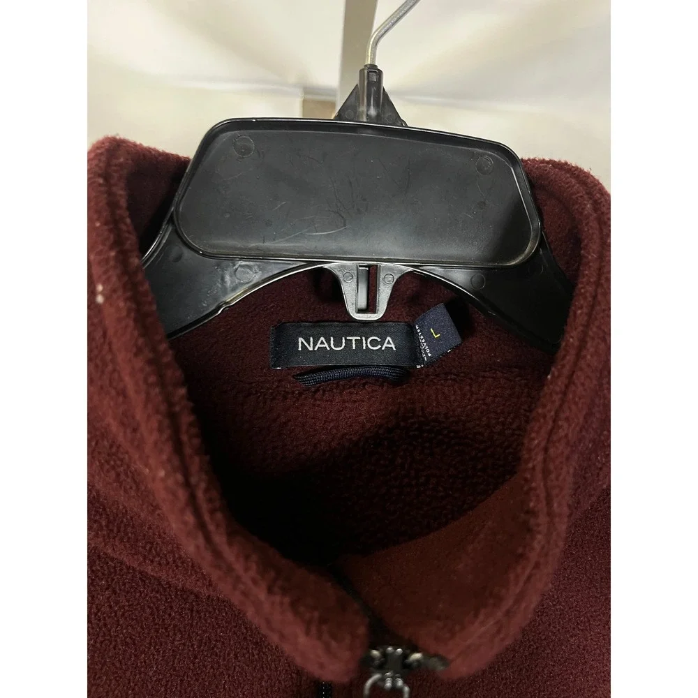 Nautica Mens Quarter Zip‎ Fleece Pullover Burgundy Maroon Large Logo Sweater